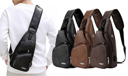 Men's Leather Sling Bag Chest Shoulder Pack USB Charging Sport Crossbody