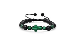 Men's Cross And Black Beads Drawstring Beaded Bracelet