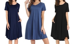 Women's Short Sleeve Pocket Swing Dress Casual Loose T-Shirt Dress with Pockets 