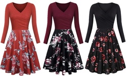 LESIES Women's Swing Dress Wrap V-Neck Long Sleeve Slim Dress
