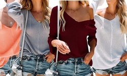LESIES Women's Lightweight V Neck Long Sleeve Knit Tops Loose Pullover Sweater