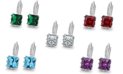 18KT White Gold Plated CZ Crown Setting BirthStone Cushion Cut Dangle Earrings 