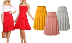 Doublju Women's 2-Way Fold High-Waist Flared Midi Skirts