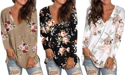 Women's Floral Tops Long Sleeve V Neck Tee T Shirt Printed Side Split Tunic