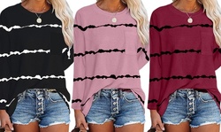 Womens Casual Crewneck Striped Printed Loose Long Sleeve Pullover Tops