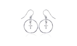 Sterling Silver Rhodium Open Circle with Dangling Cross Earring