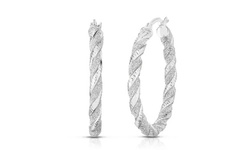 Italian Sterling Silver Twisted Crystal Dust French Lock Hoop Earrings 