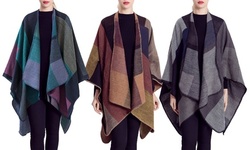Women's Winter Color Block Shawl Cardigan Poncho Cape Open Front Blanket Wrap