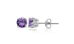 Sterling Silver Amethyst and White Topaz Crown Stud Earrings