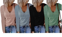 Haute Edition Women's Ribbed Scoop Neck Henley Long Sleeve T-Shirt Top
