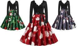 LESIES Women's V-neck Christmas Dress Long Sleeve A-line Swing Party Dress
