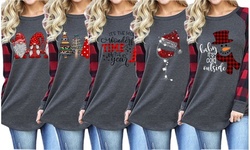 Women Christmas Raglan Plaid Long Sleeve Tops Tunic T-Shirt Printed Tee
