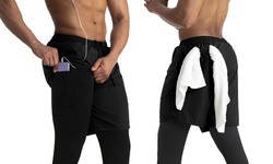 Mens 2 in 1 Running Pants Workout Gym Shorts Sweatpants with Zipper Pockets