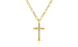 Men's Italian Solid Sterling Silver Cross Necklace With 24'' Italian Figaro Chai