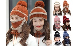 3 in 1 Set Women's Winter Knitted Beanie Hat and Circle Scarf Cap With Face Mask