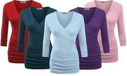 Made by Johnny Women's 3/4 Sleeve Cross Front Wrapped V Neck Top