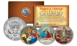JESUS Nativity - Last Supper - Resurrection Colorized JFK Half Dollar 3-Coin Set