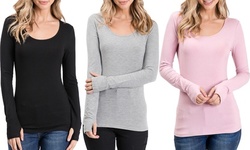 Doublju Women's Round Neck Long Sleeve Ribbed Top with Thumb Holes