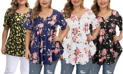 Women's Plus Size Henley Shirts Floral Tunic Tops Short Sleeve Blouses