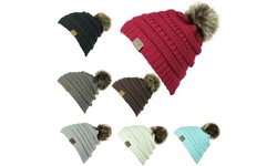 Women's Elegant Hats Winter Letter Fur CC Pompom Hat Knitted Beanies