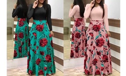 Women's Autumn Fashion Dress Floral Print Color Matching Long Sleeve Dress