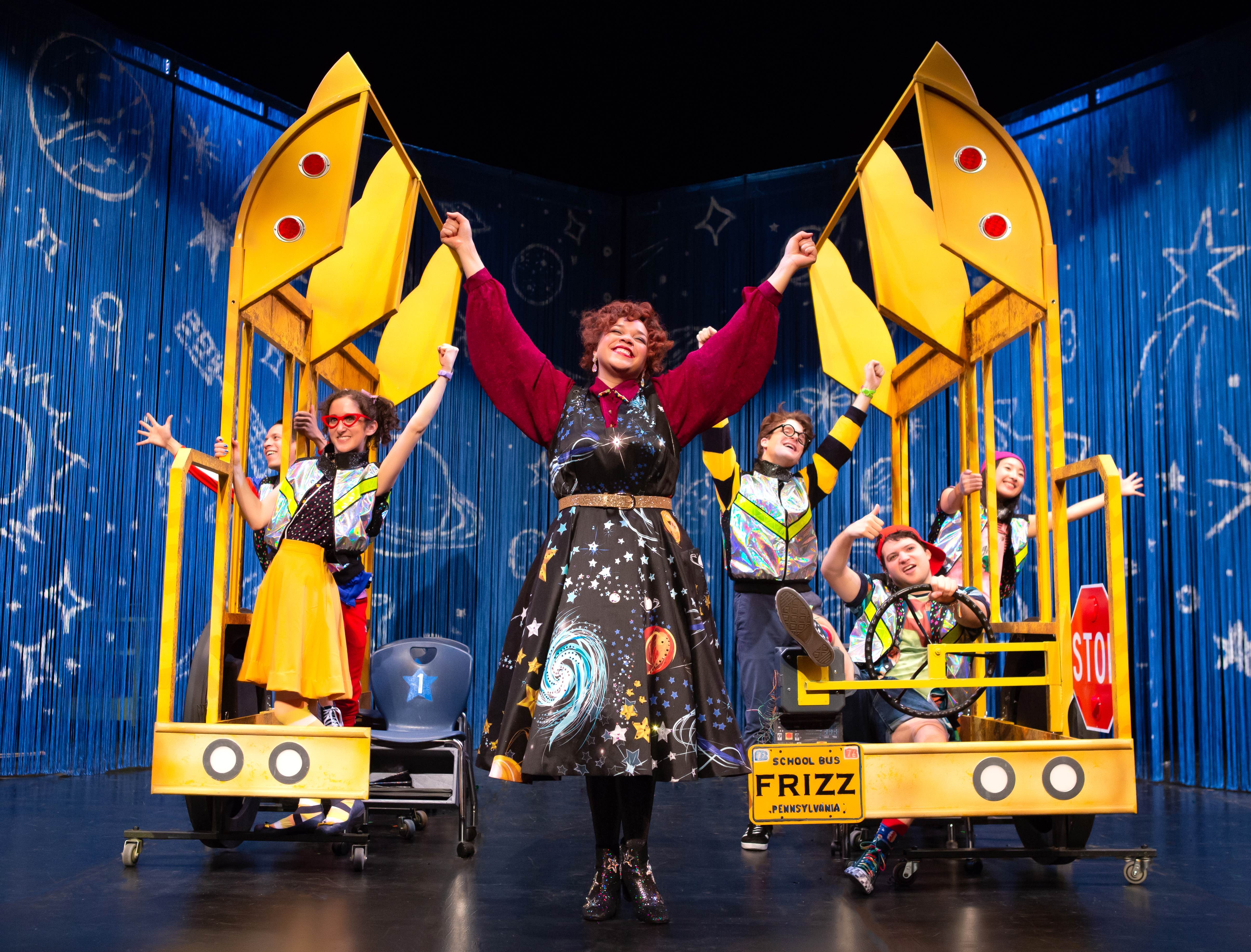 TheaterWorksUSA_Magic School Bus_Jeremy Daniel Photography_L-R: Junior Mendez, Kari Gunberg, Lexi Rhoades, Tom Meglio, Jared Loftin, Sumi Yu_2018