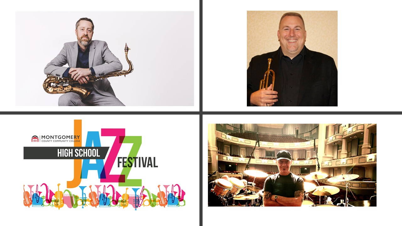 Montgomery County Community College High School Jazz Festival event clinician Maxfield Gast, event adjudicator Matthew Gallagher, and event clinician Marc Dicciani. 