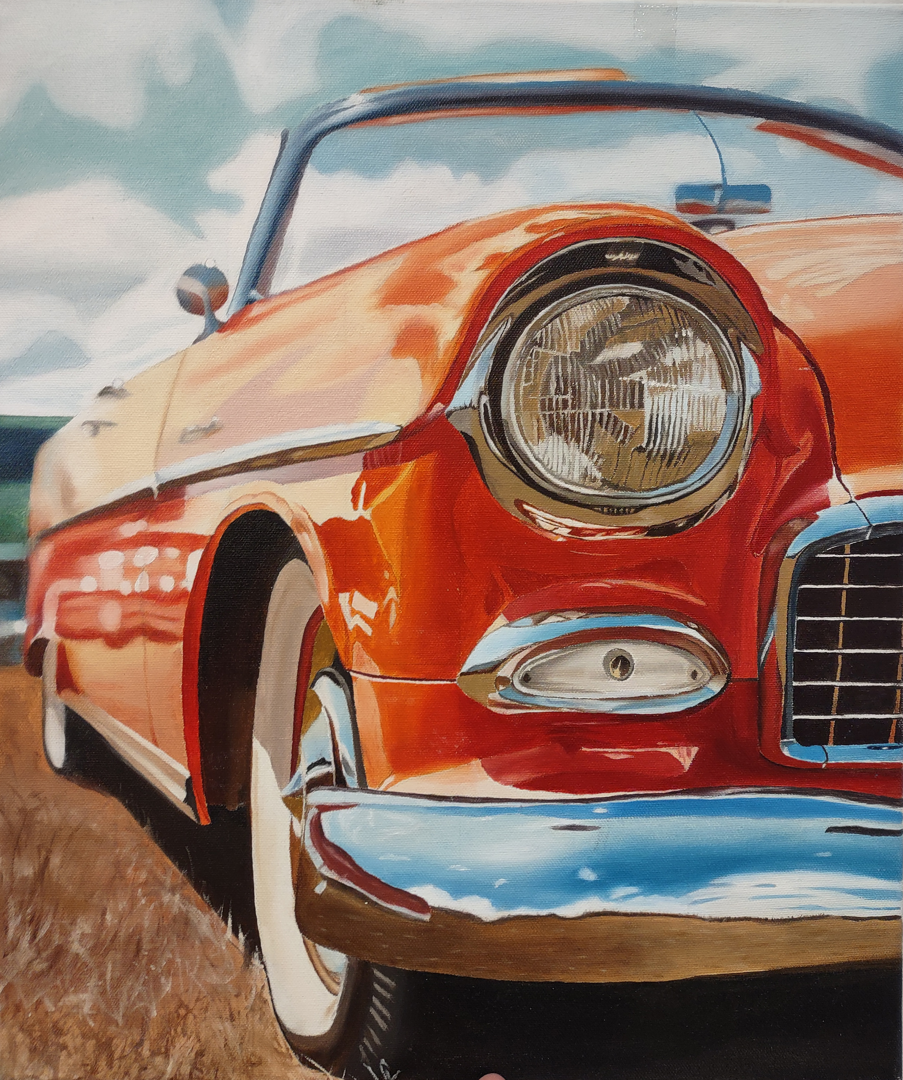 &ldquo;Chrome Dreams,&rdquo; Imane Fares, oil on canvas, 2025 Best in Show winner.  Painting of a red classic convertible outside.