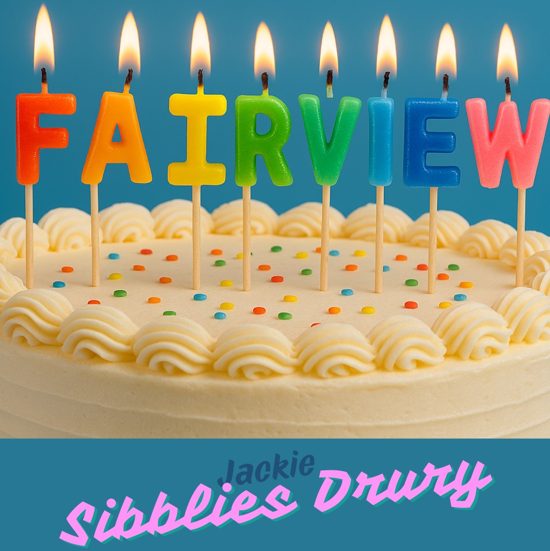 A birthday cake with Fairview written on top and Jackie Sibblies Drury